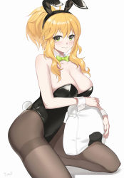 Rule 34 | 1girl, absurdres, animal ears, black leotard, black pantyhose, blonde hair, blush, bow, bowtie, breasts, cleavage, collarbone, cushion, detached collar, fake animal ears, food, green bow, green bowtie, green eyes, highres, hoshii miki, idolmaster, idolmaster (classic), idolmaster million live!, large breasts, leotard, looking at viewer, messy hair, onigiri, pantyhose, playboy bunny, ponytail, rabbit ears, rabbit tail, sidelocks, simple background, smile, solo, squatting, tail, tomid, wrist cuffs