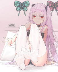 Rule 34 | 1girl, absurdres, bed, black panties, bug, butterfly, feet, highres, hololive, hololive fantasy, insect, legs, long hair, looking at viewer, panties, pillow, pink hair, red eyes, soles, solo, terebi (shimizu1996), thighhighs, twintails, two side up, underwear, uruha rushia, virtual youtuber, white thighhighs