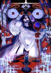 Rule 34 | 1girl, 2boys, abstract, absurdres, angel (evangelion), ayanami rei, black hair, blood, blood on hands, blood trail, bloody tears, blue hair, breasts, colored skin, commentary, cross, cross in eye, eva 01, evangelion (mecha), expressionless, fantasy, giant, giantess, halo, halo behind head, highres, holding, holding weapon, ikari shinji, ikuta41, lance of longinus (evangelion), light blue hair, lilith (ayanami rei), lilith (evangelion), looking up, medium breasts, multiple boys, multiple views, nagisa kaworu, neon genesis evangelion, nude, pants, red eyes, red nails, red pupils, red skin, scared, school uniform, shirt, short hair, size difference, slit throat, the end of evangelion, tokyo-3 middle school uniform, wading, weapon, white hair, white shirt, wide-eyed, wings