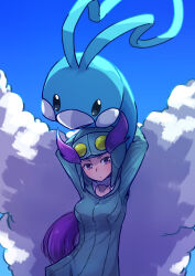 Rule 34 | 1girl, altaria, arms up, bird, breasts, closed mouth, commentary request, creatures (company), day, game freak, gen 3 pokemon, helmet, highres, jumpsuit, kotobukkii (yt lvlv), long hair, medium breasts, nintendo, outdoors, pokemon, pokemon (creature), pokemon oras, ponytail, purple eyes, purple hair, sky, two side up, winona (pokemon)