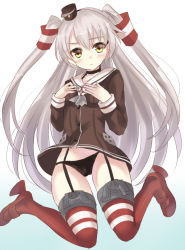 Rule 34 | 10s, 1girl, amatsukaze (kancolle), bad id, bad pixiv id, blush, dress, grey hair, hand on own chest, harimoji, kantai collection, long hair, panties, personification, sailor dress, solo, twintails, two side up, underwear, very long hair, yellow eyes