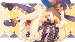 Rule 34 | 1girl, abigail williams (fate), abigail williams (second ascension) (fate), asymmetrical footwear, black bow, black footwear, black hat, black panties, black thighhighs, blonde hair, blush, bow, breasts, brown eyes, commentary request, fate/grand order, fate (series), hands on headwear, hat, highres, ilham, loafers, long hair, looking at viewer, mary janes, mismatched footwear, orange bow, panties, parted bangs, parted lips, polka dot, polka dot bow, revealing clothes, shoes, single thighhigh, small breasts, solo, star (symbol), stuffed animal, stuffed toy, teddy bear, thighhighs, topless, underwear, very long hair, witch hat