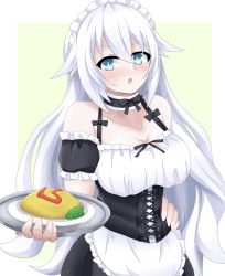 Rule 34 | apron, bare shoulders, black heart (neptunia), breasts, dress, green background, green eyes, highres, long hair, maid, matrixjudge, medium breasts, neptune (series), noire (neptunia), open mouth, ribbon, small breasts, surprised, tsundere, uniform, white hair