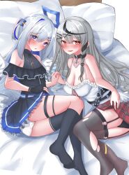 Rule 34 | 2girls, absurdres, amane kanata, amane kanata (work), bare shoulders, black hair, blue hair, blush, braid, breasts, cleavage, collar, colored inner hair, come hither, fingerless gloves, gloves, grey hair, hair ornament, halo, highres, hololive, interlocked fingers, kn (62352537), large breasts, looking at viewer, medium hair, multicolored hair, multiple girls, open mouth, panties, pillow, plaid, purple eyes, red eyes, sakamata chloe, small breasts, streaked hair, thighhighs, torn clothes, torn thighhighs, underwear, virtual youtuber, x hair ornament