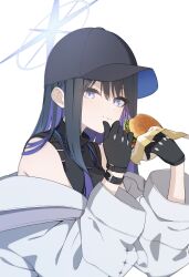 Rule 34 | 1girl, bare shoulders, baseball cap, black gloves, black hair, blue archive, blue eyes, blue hair, burger, colored inner hair, commentary, eating, food, food on face, gloves, halo, hat, highres, holding, holding food, jacket, long hair, multicolored hair, off shoulder, saori (blue archive), shiwa (siwaa0419), solo, symbol-only commentary, white jacket