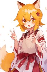 Rule 34 | 1girl, :d, animal ears, apron, cowboy shot, fang, flower, fox ears, fox girl, fox tail, hair flower, hair ornament, hands up, japanese clothes, looking at viewer, miko, ok sign, open mouth, orange eyes, orange hair, red flower, rimukoro, senko (sewayaki kitsune no senko-san), sewayaki kitsune no senko-san, short hair, simple background, skin fang, smile, solo, tail, v, white background, wide sleeves