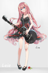 Rule 34 | 1girl, :d, bare arms, bare legs, bare shoulders, black dress, blue eyes, breasts, cleavage, dress, female focus, flower, guitar, head tilt, highres, instrument, jewelry, legs, leia (vocaloid), linch, lips, long hair, megurine luka, music, neck, necklace, open mouth, pink hair, playing instrument, shoes, smile, solo, song name, standing, strapless, strapless dress, very long hair, vocaloid