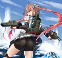 Rule 34 | 10s, 1girl, angry, asagumo (kancolle), ass, bike shorts, brown hair, clothes lift, elbow pads, fangs, from behind, gradient hair, hair ribbon, highres, kaiyugyo, kantai collection, long hair, multicolored hair, ocean, open mouth, pink hair, ribbon, school uniform, shiny skin, skirt, skirt lift, solo, twintails, very long hair