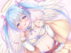 Rule 34 | 1girl, :d, bed sheet, blue hair, blush, bow, breasts, cape, commentary request, detached sleeves, dutch angle, feathered wings, gradient hair, hair between eyes, hair bow, hair ornament, half-closed eyes, halo, heart, heart hair ornament, long hair, long sleeves, looking at viewer, lying, multicolored hair, navel, on back, open mouth, original, pink bow, pleated skirt, puffy long sleeves, puffy sleeves, purple eyes, purple hair, skirt, small breasts, smile, solo, twintails, usashiro mani, very long hair, white sleeves, white wings, wings, yellow cape, yellow skirt
