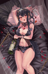 Rule 34 | 1girl, absurdres, alcohol, arm under breasts, arm up, black bra, black hair, black panties, blush, bottle, bra, breasts, bust cup, cleavage, cup, feet out of frame, flower, hair between eyes, hair flower, hair ornament, hairband, highres, holding, holding bottle, holding cup, large breasts, long hair, looking at viewer, lying, on back, on bed, open mouth, panties, petals, pillow, red eyes, sidelocks, snarkhunt, solo, spy x family, underwear, underwear only, wine, yor briar
