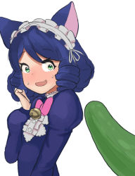 Rule 34 | 1girl, animal ears, bell, blue hair, blush, bow, bowtie, breasts, cat ears, cat girl, center frills, cucumber, curly hair, cyan (show by rock!!), donburi (donburikazoku), dress, drill hair, eyelashes, fang, frills, green eyes, hairband, highres, lolita hairband, medium hair, open mouth, phallic symbol, pickle, pink bow, pink bowtie, ringlets, show by rock!!, simple background, solo, third-party source, white background, wide-eyed