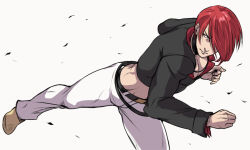 Rule 34 | 1boy, bad id, bad pixiv id, jewelry, kicking, koori (haraiso), male focus, necklace, red eyes, red hair, simple background, snk, solo, the king of fighters, white background, yagami iori