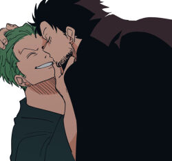 Rule 34 | 2boys, aged up, beard stubble, black eyes, black hair, closed eyes, couple, facial hair, facial scar, green hair, hand on another&#039;s chin, holding another&#039;s head, kiss, male focus, mature male, monkey d. luffy, multiple boys, ns1123, one piece, roronoa zoro, scar, scar on cheek, scar on face, short hair, sideburns, simple background, smile, stubble, upper body, white background, yaoi
