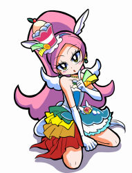 Rule 34 | 1girl, bare shoulders, blush, choker, cure parfait, discovery yuta, dress, earrings, elbow gloves, food-themed hair ornament, gloves, hair ornament, hairband, highres, jewelry, kirakira precure a la mode, kneeling, long hair, looking at viewer, pearl choker, pink hair, precure, simple background, sleeveless, sleeveless dress, solo, strapless, strapless dress, white background, white gloves, wings