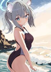 Rule 34 | 1girl, animal ear fluff, animal ears, ass, beach, black one-piece swimsuit, blue archive, blue eyes, breasts, cloud, commentary, competition swimsuit, cross hair ornament, extra ears, grey hair, hair ornament, halo, highres, looking at viewer, low ponytail, medium breasts, medium hair, mismatched pupils, multicolored clothes, multicolored swimsuit, natsuki (natsu 1936), official alternate costume, one-piece swimsuit, orange sky, rock, shiroko (blue archive), shiroko (swimsuit) (blue archive), sky, solo, swimsuit, waves, wolf ears