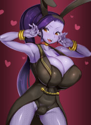 Rule 34 | 1girl, animal ears, armpits, bare shoulders, blue skin, bracelet, breasts, brown eyes, rabbit ears, cleavage, colored skin, dragon quest, dragon quest xi, fangs, heart, highres, huge breasts, jewelry, long hair, martina (dq11), ponytail, purple hair, solo, thighs, very long hair