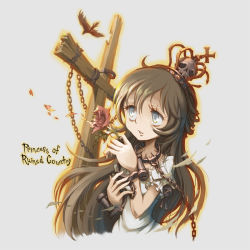 1girl blue_eyes brown_hair chain cross female_focus flower original princess rose skull solo ume_(illegal_bible)