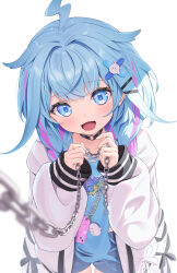 1girl absurdres black_choker blue_eyes blue_hair blue_shirt blue_shorts blush braid chain choker commentary_request hair_flaps hair_ornament hairclip highres holding holding_chain hololive hololive_dev_is jacket kag_tsukimi lightning_ahoge long_hair long_sleeves looking_at_viewer low_twin_braids mizumiya_su multicolored_hair o-ring o-ring_choker open_clothes open_jacket open_mouth pink_hair puffy_long_sleeves puffy_sleeves shirt shorts simple_background sleeves_past_wrists smile solo streaked_hair torn_clothes torn_shirt twin_braids virtual_youtuber white_background white_jacket x_hair_ornament