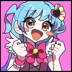 Rule 34 | 1girl, black border, blue hair, blush stickers, border, bow, bowtie, breasts, censored, clenched hands, hair ornament, hands up, heart, heart hair ornament, lobotomy corporation, long hair, looking at viewer, mosaic censoring, open mouth, pink background, pink shirt, project moon, queen of hatred, shirt, sidelocks, sleeveless, sleeveless shirt, small breasts, smile, solo, tomatomari, two side up, upper body, wristband, yellow eyes
