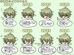 1boy 2017 2018 2019 2021 2022 2023 2024 :d amami_rantaro antenna_hair blush danganronpa_(series) danganronpa_v3:_killing_harmony earrings green_hair head_only heart jewelry male_focus open_mouth short_hair smile sparkle speech_bubble suiren_yurei translation_request