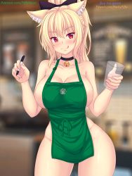 Rule 34 | 1girl, :p, animal ears, apron, bare hips, barista, bell, black choker, blonde hair, blurry, blurry background, bottomless, bow, breasts, cat ears, choker, collar, commentary, cup, english commentary, green apron, hair between eyes, hair bow, hair ornament, highres, holding, holding cup, holding marker, iced latte with breast milk (meme), jingle bell, large breasts, licking lips, looking at viewer, marker, meme, naked apron, naughty face, nekomata, nottytiffy, original, patreon username, red eyes, shiny skin, sideboob, sidelocks, solo, starbucks, thighs, tiffy (nottytiffy), tongue, tongue out, topless, watermark, web address