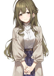 Rule 34 | 1girl, ahoge, beige jacket, braid, collar, earrings, french braid, frilled collar, frills, green hair, haruyuki (gffewuoutgblubh), high-waist skirt, highres, idolmaster, idolmaster shiny colors, jewelry, kuwayama chiyuki, light smile, looking at viewer, nail polish, own hands together, ring, simple background, skirt, solo, white background