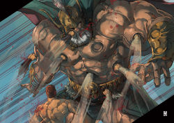 Rule 34 | 2boys, afterimage, arm guards, beard, belt, blood, blue eyes, cape, chain, commentary request, facial hair, facing viewer, from behind, fur, giant, gold, helmet, hokuto no ken, itadori shuu, jewelry, kenshiro, looking away, male focus, motion lines, multiple boys, muscular, muscular male, necklace, pants, parted lips, punched, punching, short hair, spitting, spitting blood, uighur (hokuto no ken), winged helmet