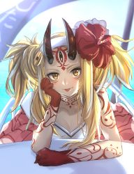 Rule 34 | 1girl, bad id, bad pixiv id, bare shoulders, blonde hair, blurry, breasts, cleavage, closed mouth, collarbone, depth of field, facial mark, fate/grand order, fate (series), flower, hair flower, hair ornament, hairband, hibiscus, horns, ibaraki douji (fate), ibaraki douji (fate/grand order), ibaraki douji (swimsuit lancer) (fate), ibaraki douji (swimsuit lancer) (second ascension) (fate), long hair, looking at viewer, oni, oni horns, otsumami (bu-bu-heaven), pointy ears, red flower, sidelocks, smile, solo, tattoo, tongue, tongue out, twintails, umbrella, upper body, white hairband, yellow eyes