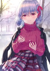 Rule 34 | 1girl, bare tree, beige skirt, black coat, blurry, blurry background, blush, breath, check commentary, checkered clothes, checkered skirt, closed mouth, coat, commentary request, cowboy shot, depth of field, fate/grand order, fate (series), fingernails, forest, hair ribbon, hands up, highres, hood, hooded coat, jacket, jacket on shoulders, kama (fate), kuroki (ma-na-tu), lens flare, long sleeves, looking at viewer, nature, outdoors, pleated skirt, purple eyes, purple hair, purple ribbon, purple sweater, red skirt, ribbon, short hair, skirt, smile, snow, snowing, solo, standing, sweater, tree, turtleneck, turtleneck sweater, winter, winter clothes, winter coat