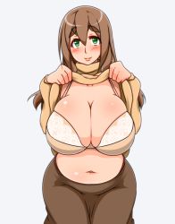 Rule 34 | 1girl, blush, bra, breasts, brown bra, brown hair, cleavage, clothes lift, female focus, green eyes, huge breasts, kaz (shade), lace, lace-trimmed bra, lace trim, leaning forward, lips, long hair, long skirt, makihara nodoka, navel, original, plump, shirt lift, simple background, skirt, solo, sweater, underwear, white background