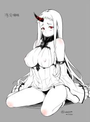 Rule 34 | 10s, 1girl, abyssal ship, bare shoulders, black panties, blush, breasts, claws, detached sleeves, dress, covered erect nipples, female focus, grey background, horns, kantai collection, large breasts, long hair, looking at viewer, monochrome, nanase mizuho, panties, red eyes, ribbed dress, seaport princess, short dress, sideboob, simple background, single horn, solo, tareme, twitter username, underwear, white hair