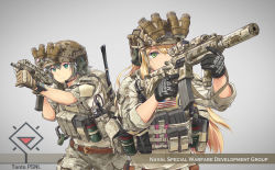 Rule 34 | 2girls, armor, assault rifle, bag, blonde hair, camouflage, commentary request, cpw, explosive, graphite (medium), green eyes, grenade, grey background, gun, hand grenade, handgun, highres, long hair, machine pistol, magazine (weapon), military, military uniform, multiple girls, night-vision device, original, personal defense weapon, pistol, rifle, short hair, soldier, st kinetics, st kinetics cpw, submachine gun, tanto (tc1995), traditional media, uniform, usa flag, weapon, wide field of view device