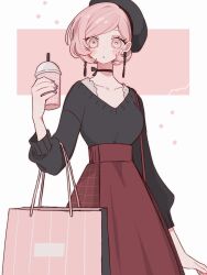 Rule 34 | 1girl, bad id, bad twitter id, beret, black choker, black hat, black sweater, blue nails, choker, cup, disposable cup, drinking straw, earrings, hat, high-waist skirt, highres, holding, holding cup, jewelry, long sleeves, looking at viewer, maco22, original, pink eyes, pink hair, red skirt, short hair, skirt, solo, sweater