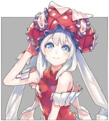 Rule 34 | 1girl, arm up, armpits, bare shoulders, blue eyes, closed mouth, commentary request, dress, fate/grand order, fate (series), flat chest, gloves, half gloves, hat, large hat, long hair, marie antoinette (fate), red dress, red gloves, red hat, simple background, sleeveless, sleeveless dress, smile, solo, twintails, urayamashiro (artist), white hair