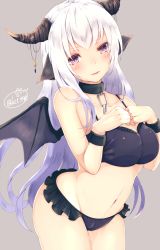 Rule 34 | 1girl, animal ears, artist name, bad proportions, black bra, black panties, blush, bra, breasts, chain, chita (ketchup), cleavage, collar, collarbone, cowboy shot, demon girl, demon horns, demon wings, grey background, groin, hands on own chest, horns, large breasts, long hair, looking at viewer, navel, original, panties, parted lips, purple eyes, signature, simple background, solo, underwear, underwear only, white hair, wings, wristband