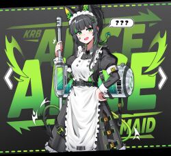 1girl animal_ears apron bandaid bandaid_on_cheek bandaid_on_face black_hair fangs fox_ears frilled_apron frills green_eyes green_hair highres holding_vacuum_cleaner kingrainbow long_sleeves maid maid_apron maid_headdress multicolored_hair open_mouth original solo vacuum_cleaner waist_apron white_apron