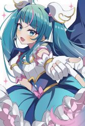 Rule 34 | 1girl, absurdres, blue eyes, blue hair, blue skirt, brooch, cape, cure sky, detached sleeves, earrings, fingerless gloves, frills, gloves, highres, hirogaru sky! precure, jewelry, long hair, magical girl, meiji (meizi493), precure, puffy detached sleeves, puffy sleeves, shirt, single sidelock, skirt, sora harewataru, sparkle, twintails, two-sided cape, two-sided fabric, white background, white shirt, wing brooch, wing hair ornament