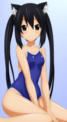 Rule 34 | 1girl, absurdres, animal ears, bare shoulders, black hair, blush, breasts, brown eyes, cat ears, collarbone, competition school swimsuit, gradient background, highres, k-on!, long hair, nakano azusa, one-piece swimsuit, school swimsuit, sitting, smile, solo, sugimura tomokazu, swimsuit, twintails