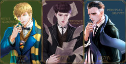Rule 34 | 3boys, black hair, bow, bowtie, bowtruckle, brown hair, character name, coin, copyright name, credence barebone, fantastic beasts and where to find them, green eyes, harry potter (series), highres, leaf, male focus, multicolored hair, multiple boys, necktie, newt scamander, niffler, orange eyes, percival graves, scarf, shed1228, two-tone hair, white hair, wizarding world