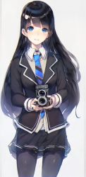 Rule 34 | 1girl, bad id, bad pixiv id, black hair, black pantyhose, blue eyes, camera, choker, duplicate, earrings, hadean92, holding, jewelry, long hair, looking at viewer, necktie, original, pantyhose, parted lips, ring, school uniform, simple background, skirt, smile, solo, twin-lens reflex camera, white background