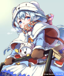 Rule 34 | 1girl, :d, animal hat, bag, beanie, blue bow, blue eyes, blue hair, blue sky, bow, breath, capelet, coat, creature, day, fang, fur trim, hat, long hair, long sleeves, looking at viewer, mataichi mataro, ole tower, open mouth, pom pom (clothes), sky, smile, snow scoop (ole tower), sunlight, tooth, winter clothes, winter coat