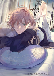 Rule 34 | 1boy, ;), barefoot, bed, black jacket, canopy bed, copyright notice, curtains, full body, fuyuomi, green eyes, hair between eyes, hand in own hair, holostars, jacket, legs up, lying, male focus, off shoulder, official art, on bed, on stomach, one eye closed, pajamas, pants, pillow, pink hair, rikka (holostars), shirt, short hair, smile, solo, virtual youtuber, white pajamas, white pants, white shirt, window