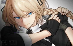 Rule 34 | 1girl, black gloves, blonde hair, blouse, blue eyes, braid, braided bangs, character name, closed mouth, collared shirt, combat knife, cropped jacket, cutting hair, dress, fingerless gloves, g36 (girls&#039; frontline), g36 (mod3) (girls&#039; frontline), girls&#039; frontline, gloves, hair between eyes, holding, holding hair, holding knife, knife, long hair, looking at viewer, maid, maid headdress, mod3 (girls&#039; frontline), shirt, sidelocks, simple background, solo, ten cws, tsurime, upper body, weapon, white shirt