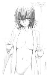 Rule 34 | 10s, 1girl, absurdres, bathrobe, blush, breasts, coffee, greyscale, highres, huge breasts, light smile, mikado ryouko, monochrome, naked robe, naughty face, navel, nipple slip, nipples, official art, out-of-frame censoring, pointy ears, robe, scan, short hair, sketch, smile, solo, to love-ru, to love-ru darkness, traditional media, wet, yabuki kentarou