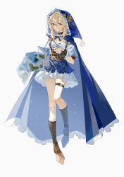 Rule 34 | 1girl, belt, blonde hair, blue cloak, blush, boots, brown collar, brown corset, brown footwear, cloak, collar, commentary, corset, cross-laced footwear, dress, frilled cloak, genshin impact, hair between eyes, highres, holding, holding map, hood, hood up, hooded cloak, knee boots, knees together feet apart, lace-up boots, looking at viewer, lumine (genshin impact), map, off-shoulder dress, off shoulder, orange eyes, pleated dress, pointy footwear, short dress, short hair with long locks, short sleeves, sidelocks, simple background, solo, suspenders, thigh belt, thigh strap, thighs, white background, white dress, yaner 10