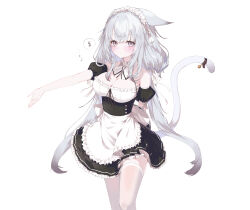 Rule 34 | 1girl, absurdres, animal ears, apron, bare shoulders, bell, black dress, breasts, brown eyes, cat ears, cat girl, cat tail, cleavage, commentary, dress, frilled apron, frills, grey hair, highres, large breasts, long hair, looking at viewer, maid, maid headdress, original, outstretched arm, solo, spoken dollar sign, symbol-only commentary, tail, tail bell, tail ornament, thighhighs, twintails, waist apron, white apron, white background, white thighhighs, yuui hutabakirage