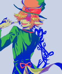 Rule 34 | 1boy, formal, gloves, green hat, green suit, hair over one eye, half mask, hand up, hat, highres, koma (komagoma co), long sleeves, looking back, male focus, maou-jou de oyasumi, mask, pointy ears, red hat, scissors, scissors sorceror, smile, solo, standing, suit, white gloves