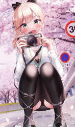 Rule 34 | 1girl, blonde hair, blurry, blurry background, bow, bra, bra peek, breasts, bursting breasts, camera, cherry blossoms, cleavage, commentary request, from below, green eyes, hair bow, highres, id card, looking down, mole, mole on pussy, open mouth, original, panties, ponytail, road, road sign, shirosaba, sign, solo, squatting, underwear