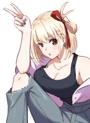 Rule 34 | 1girl, :o, black tank top, blonde hair, blue nails, breasts, cleavage, collarbone, denim, earrings, elbow on knee, hair ribbon, hyoe (hachiechi), jeans, jewelry, knee up, large breasts, looking at viewer, lycoris recoil, nishikigi chisato, one side up, open clothes, open shirt, pants, parted lips, red eyes, red ribbon, ribbon, shirt, short hair, simple background, solo, tank top, torn clothes, torn jeans, torn pants, v, white background, white shirt