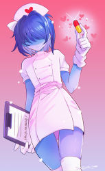 Rule 34 | 1other, blue hair, blue skin, clipboard, closed mouth, colored skin, commentary request, crossdressing, deltarune, dress, gloves, hair over eyes, hat, heart, highres, holding, holding clipboard, kris (deltarune), nurse, nurse cap, pill, senjochi janai, shaded face, short hair, short sleeves, simple background, sparkle, thighhighs, trap, white dress, white gloves, white hat, white thighhighs